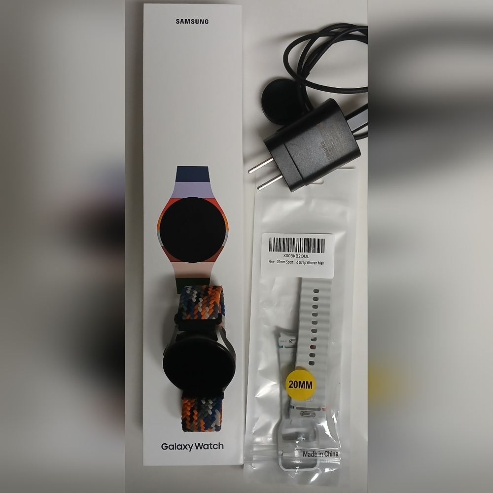Samsung Galaxy Watch with Multicolor Braided Band and White Replacement Strap